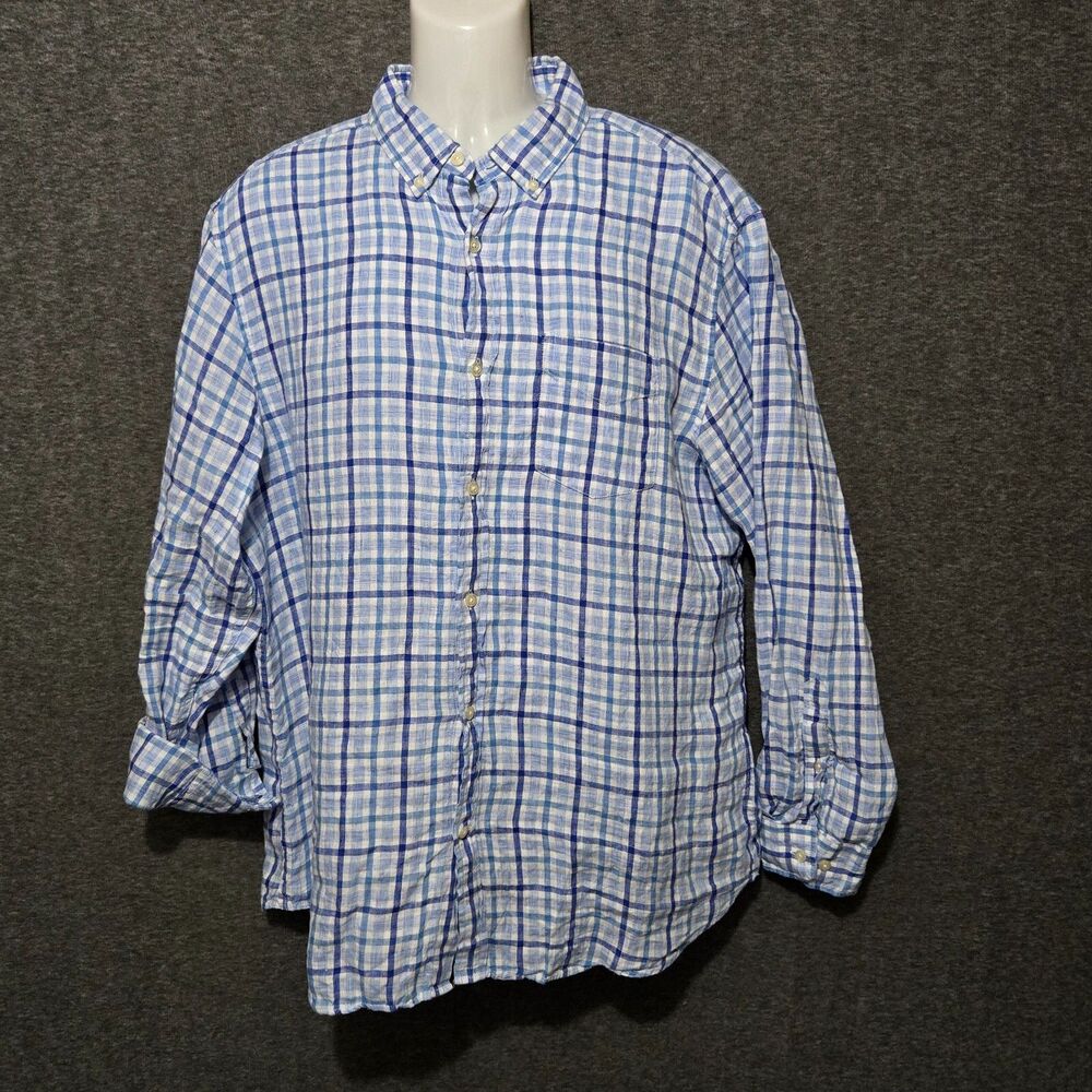 Banana Republic Shirt Mens XL Blue Camden Fit 100% Linen Plaid Button Up